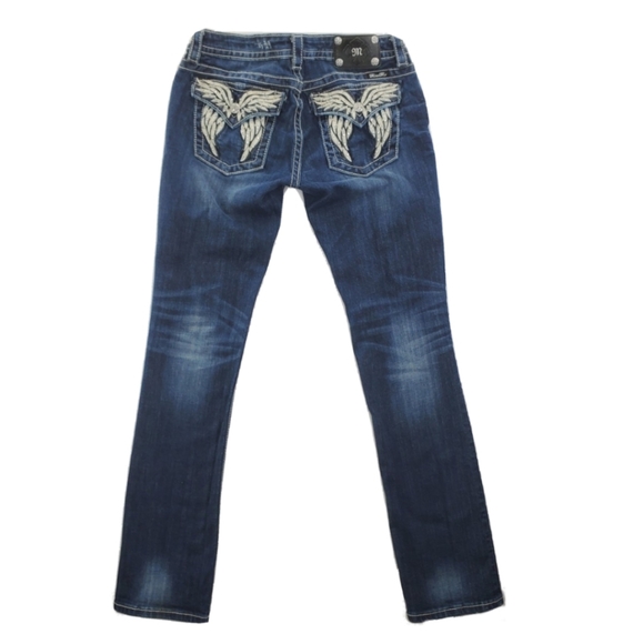 Miss Me Blue Straight Leg Jeans with White Embroidery - Picture 2 of 13